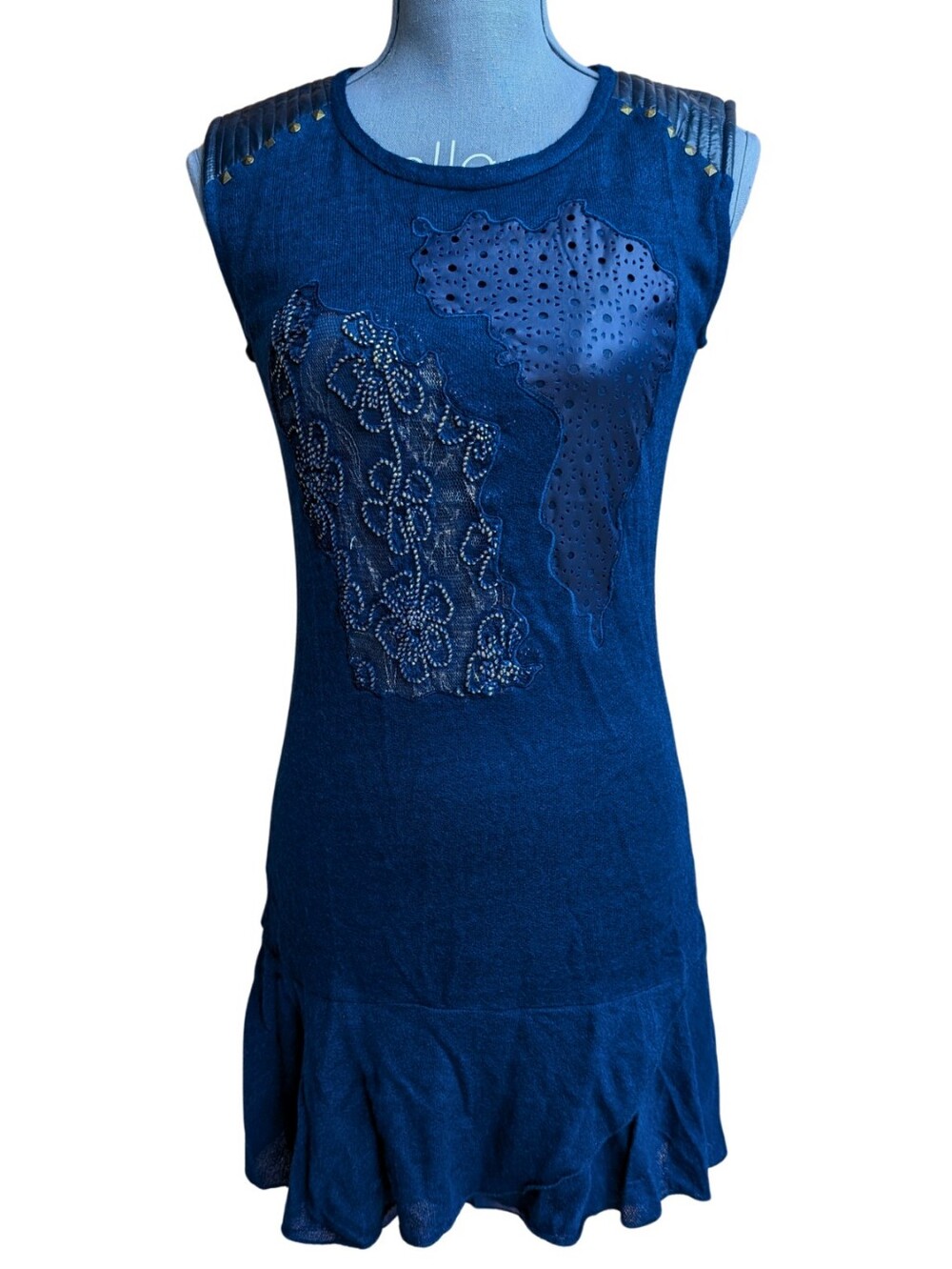 lola Navy Blue Mixed Media Studded Dress Faux Leather Eyelet Embroidered Lace S